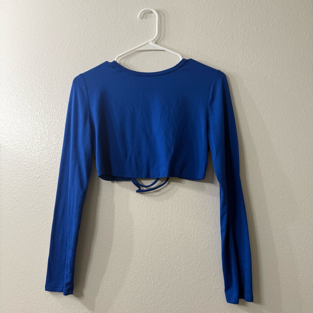Fashion Nova Blue Long Sleeve Tie Front Crop Blouse